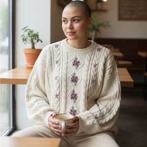 Vintage Tulchan Floral Embroidered Sweater Cable Cotton Cream X-Large